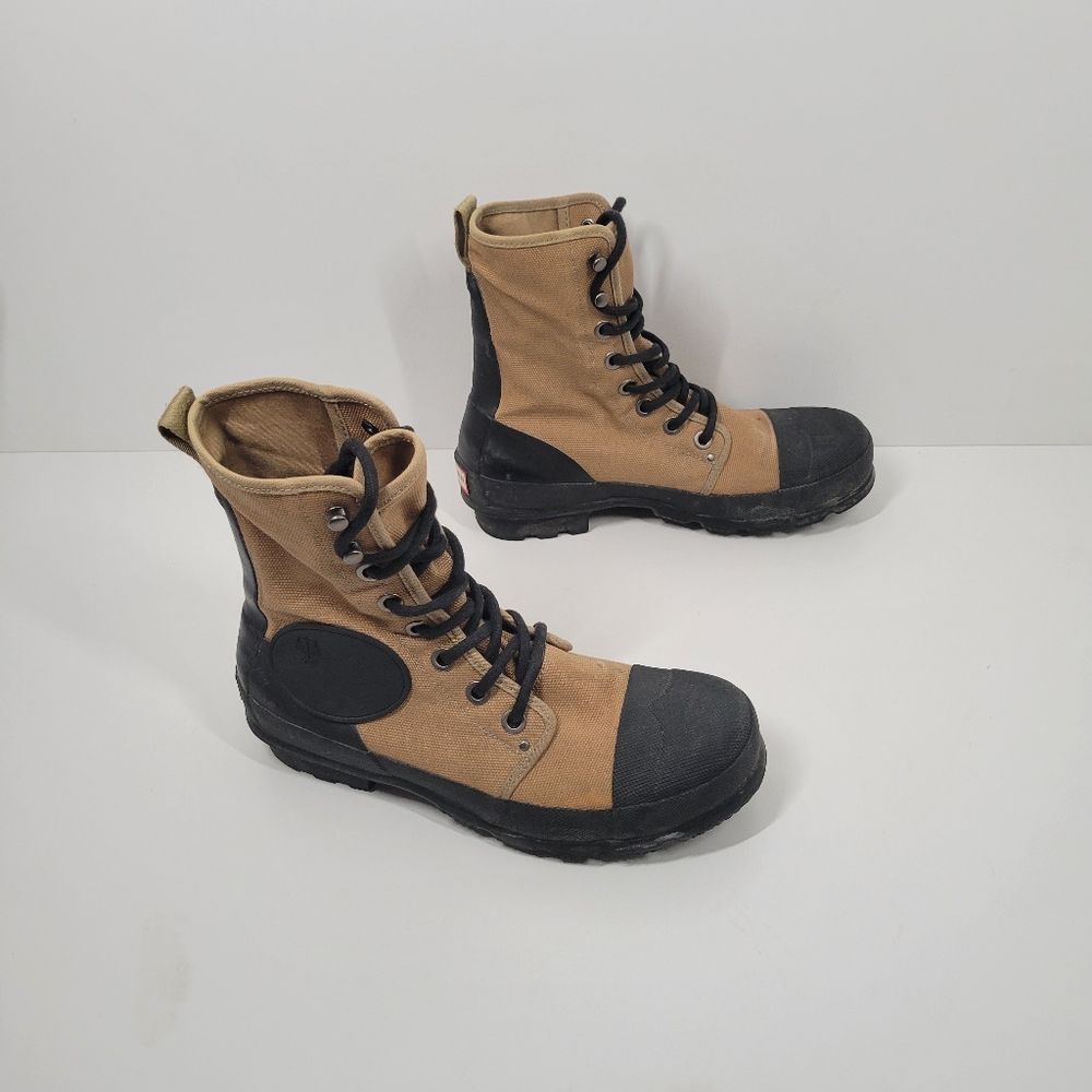 Hunter Commando Tan Canvas Lace Up Black Rubber Hiking Boots Men Sz 8 - Picture 4 of 7